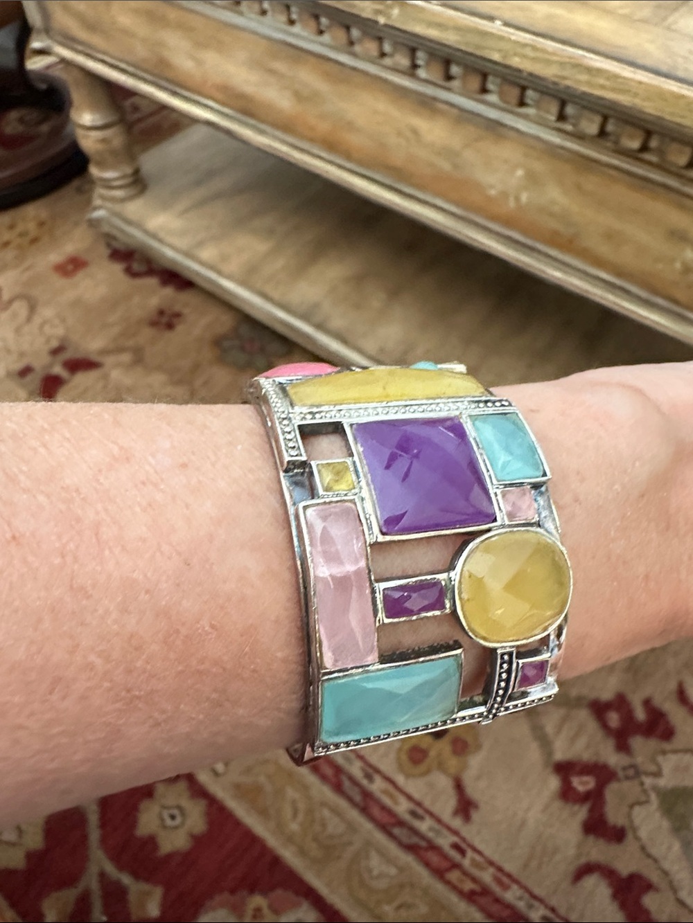 Multicolor Gemstone-Style Sterling Cuff Bracelet - Pink, Purple, Yellow, Aqua